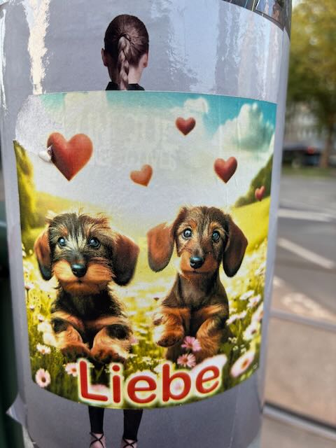 Zwei kleine Dackelwelpen sitzen auf einer blühenden Wiese mit weißen und rosa Blumen. Über den Hunden schweben mehrere rote, gezeichnete Herzen. Am unteren Bildrand steht das Wort „Liebe“ in roter Schrift. Im Hintergrund erkennt man einen blauen Himmel mit einigen Wolken.
